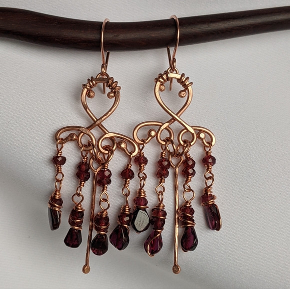 Handmade Garnet Chandelier Earrings Romantic Copper Jewelry - Picture 7 of 13
